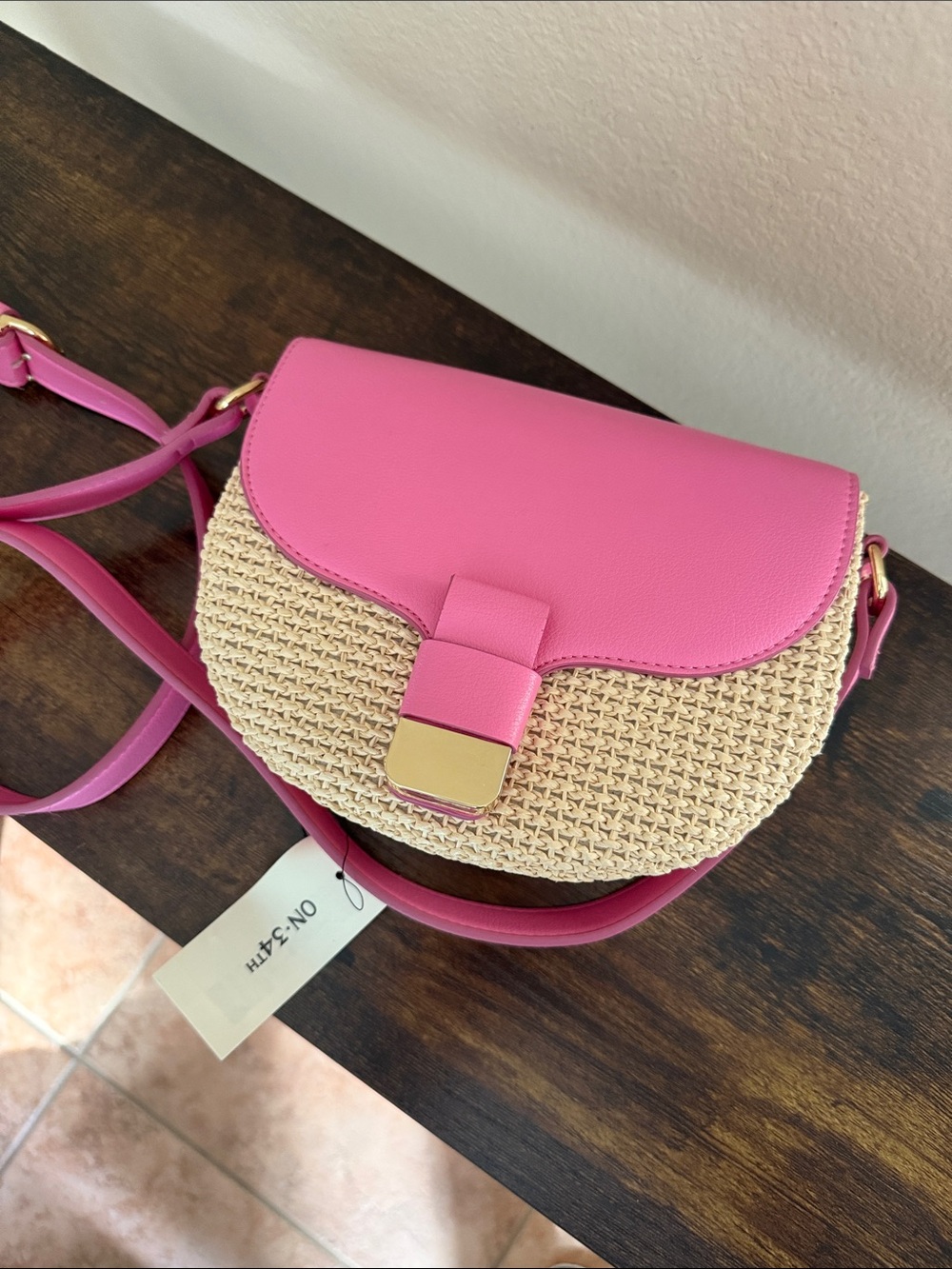 Pink Woven Crossbody Bag with Faux Leather Trim